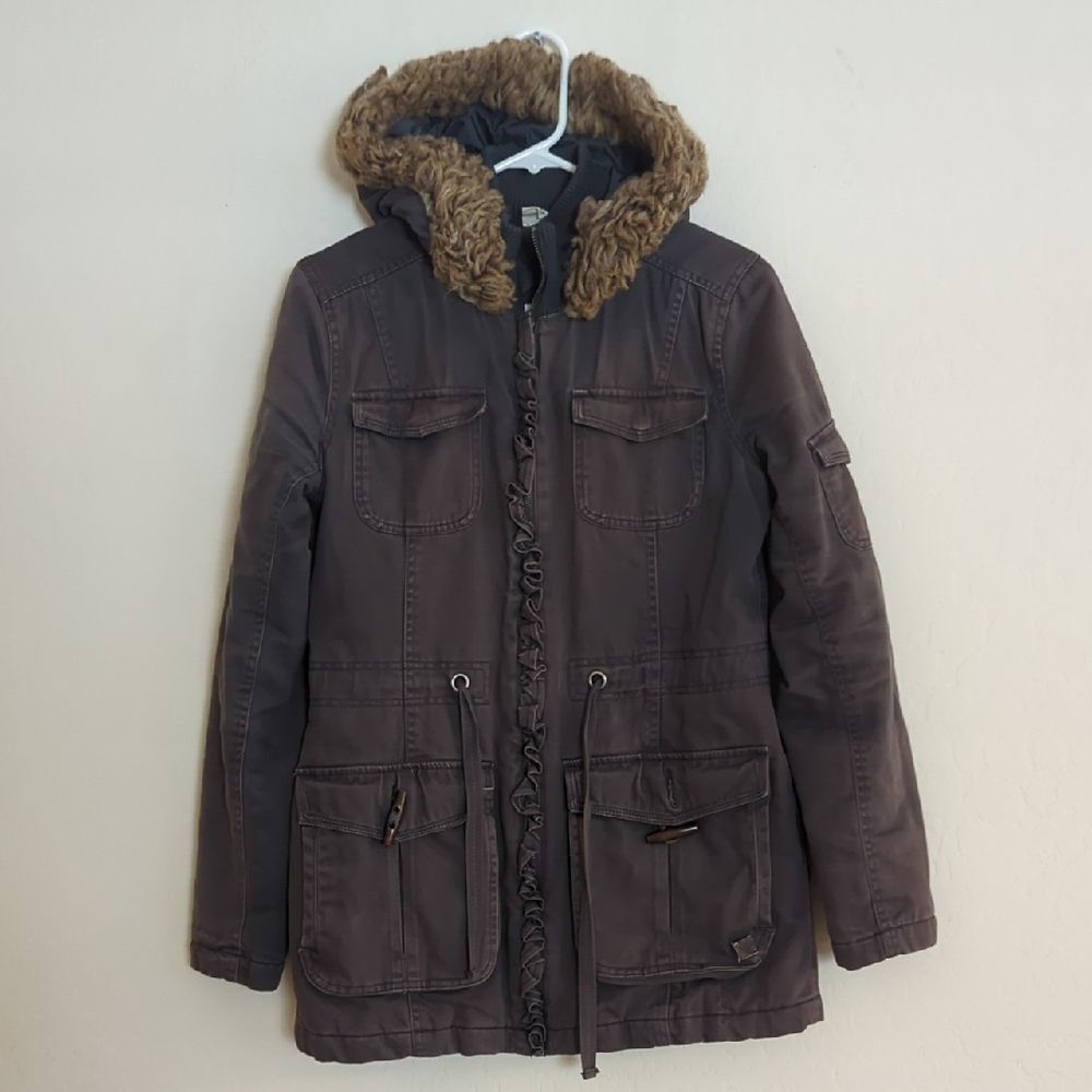 Roxy Utility Jacket Faux Fur Hood Grey Green - Size S